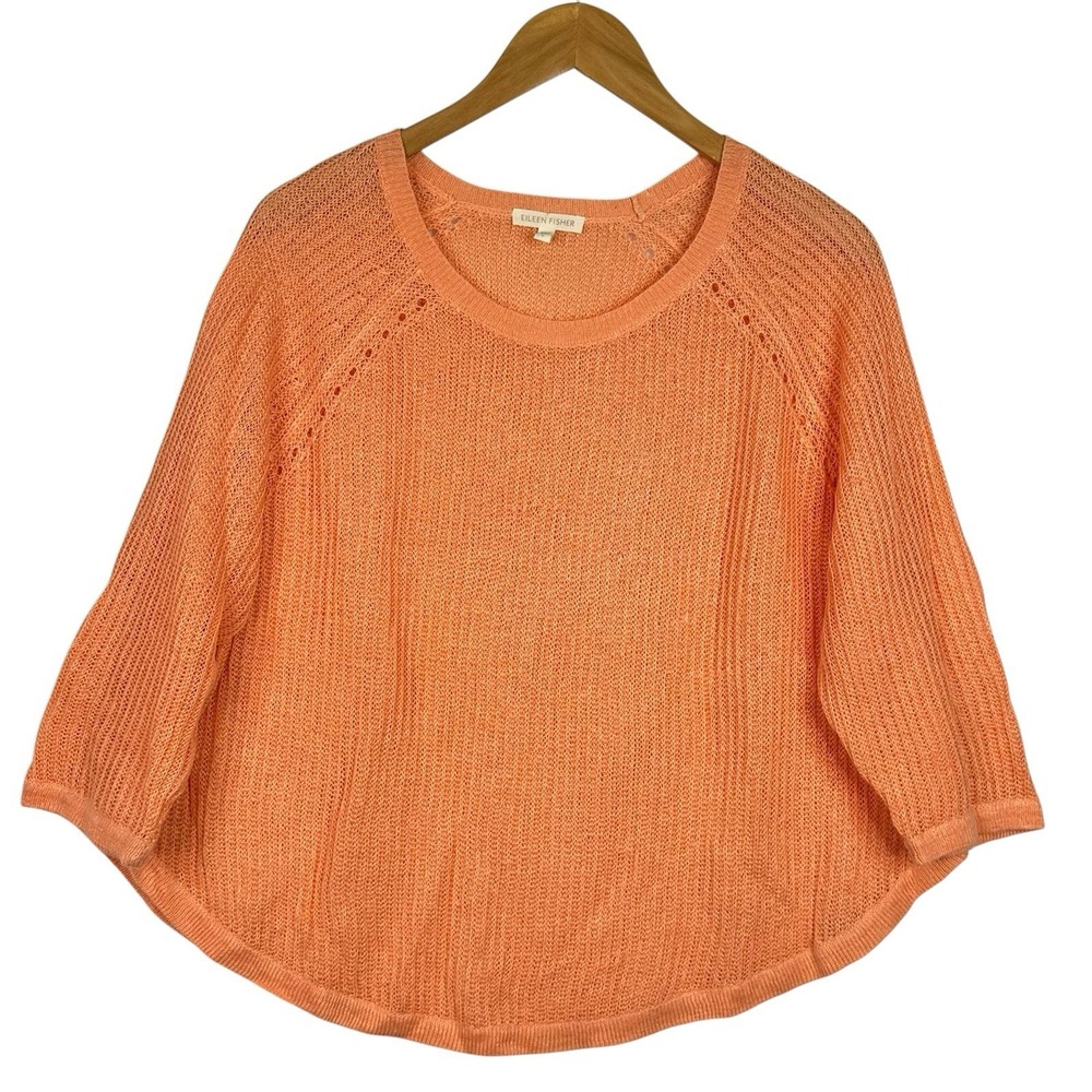 Eileen Fisher 100% Linen Knit Sweater L Orange Peach Boxy 3/4 Sleeve Lightweight